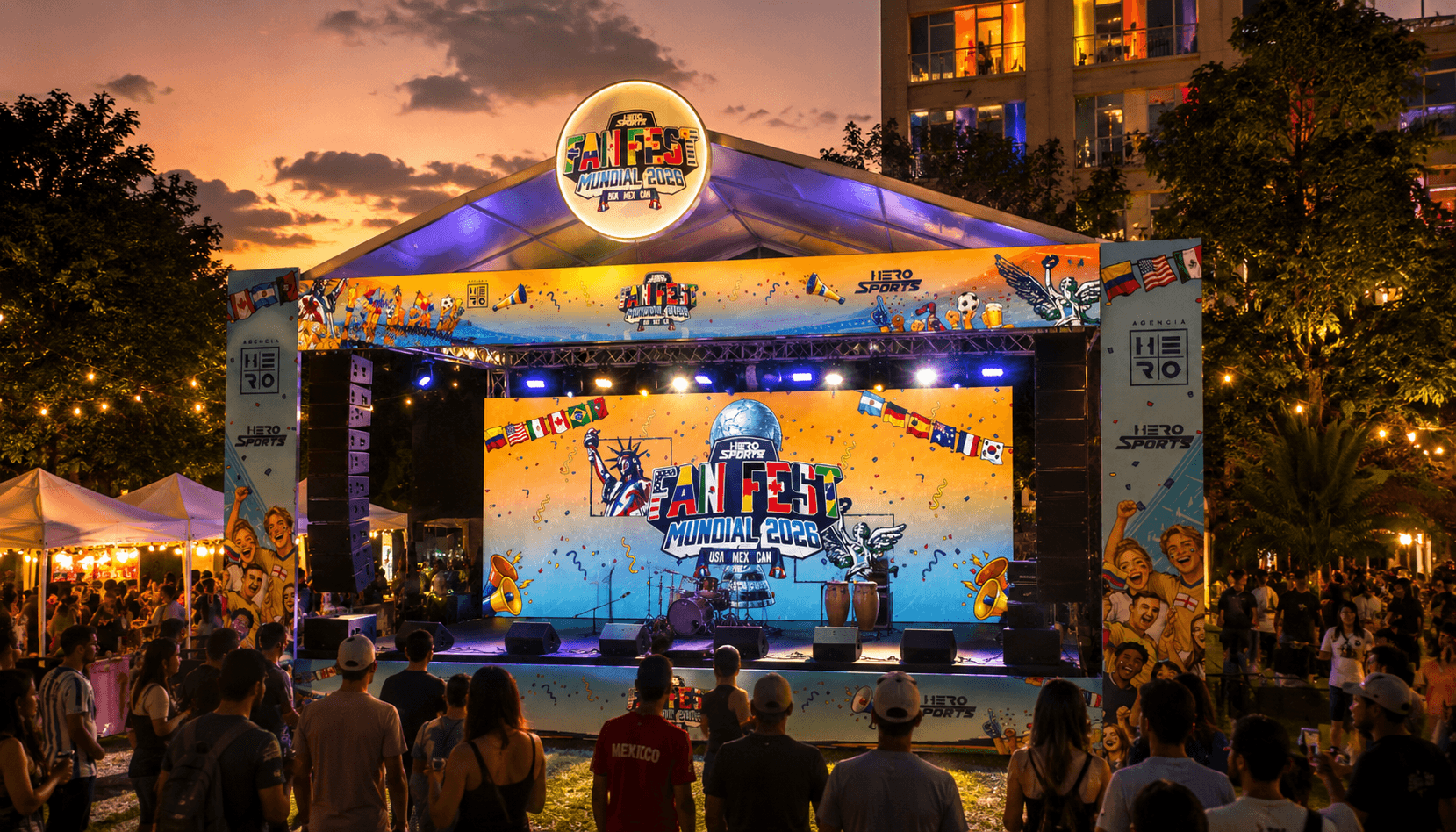 Escenario y pantalla gigante del Fan Fest de noche, con público
